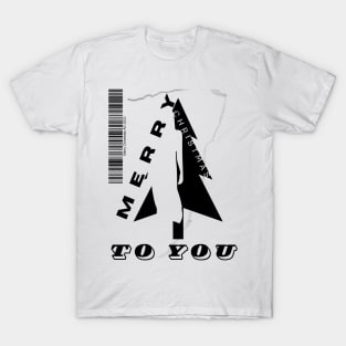 Merry Christmas black Christmas tree and silhouette of a woman with a barcode in a minimalist black and white composition T-Shirt